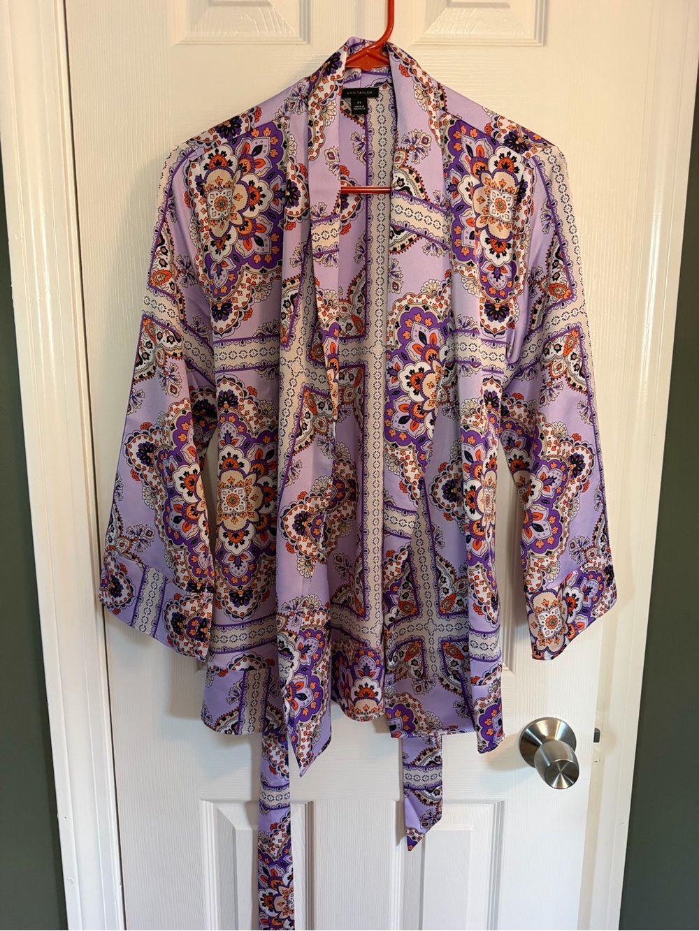 Ann Taylor Lavender Floral Print Open Front Belted Wrap Top